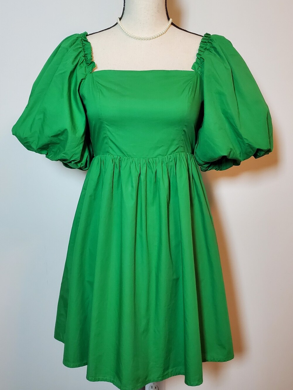 Sugarlips Green Oversized Puff Sleeve Square Neck Babydoll Mini Dress w/ Bow XS